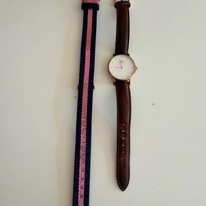 Daniel Wellington Brown Leather Watch with Pink and Blue Strap